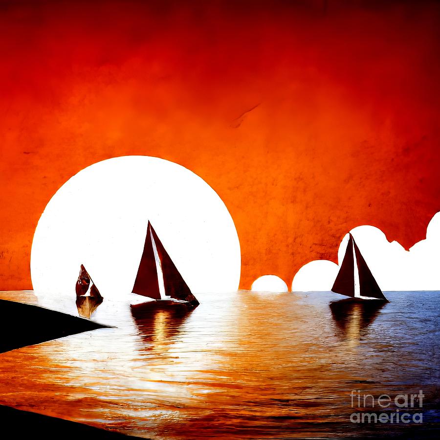 Sailboats on a Lake at Sunset Layered Paper Style 2 Digital Art by Rose Santuci-Sofranko