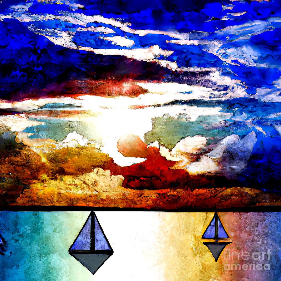 Sailboats on a Lake at Sunset Layered Paper Style 3 Digital Art by Rose Santuci-Sofranko
