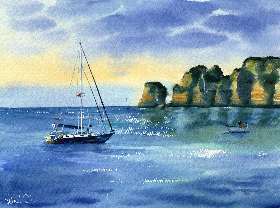 Holiday Painting - Sailing at Lagos in Algarve Portugal by Dora Hathazi Mendes