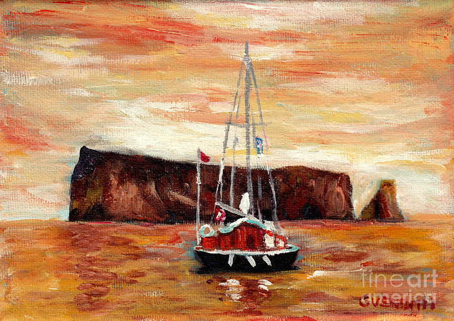 Sailing At Sunset Near Perce Rock And Bonaventure Island Gaspe  Scene Grace Venditti Quebec Artist Painting by Grace Venditti