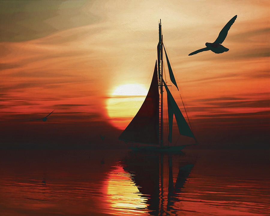 Sailing boat at sunset 1 Painting by Jan Keteleer