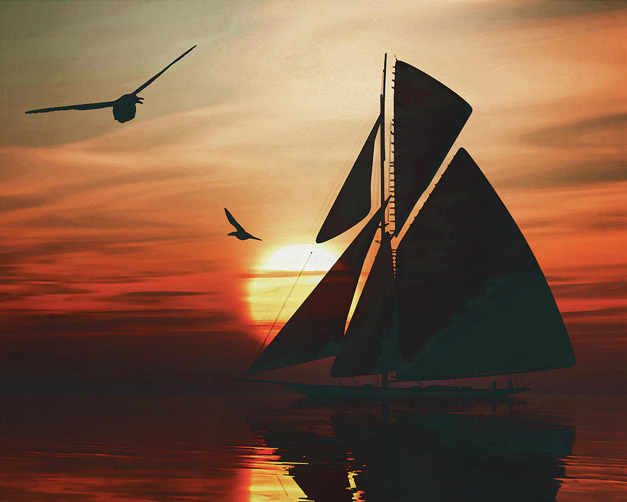 Sailing boat at sunset 2 Painting by Jan Keteleer