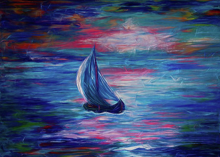 Sailing Boat Sunrise Painting by Lena Owens - OLena Art Vibrant Palette Knife and Graphic Design