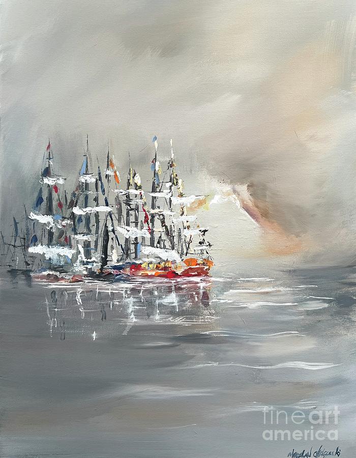Sailing boats at harbor Painting by Miroslaw  Chelchowski