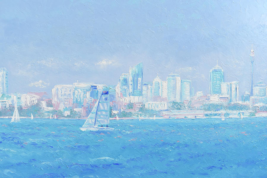Sailing by on Sydney Harbour Skyline Painting by Jan Matson