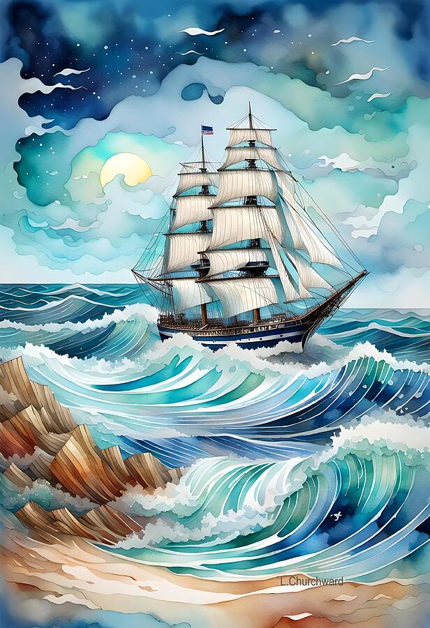 Sailing Ship Digital Art - Sailing in the Waves by Lois Churchward
