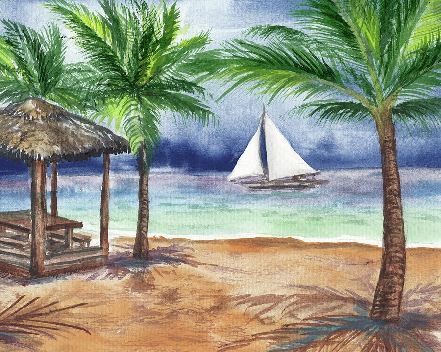 Sailing In Tropics Beach House View With Palms Sand And Gazebo Painting