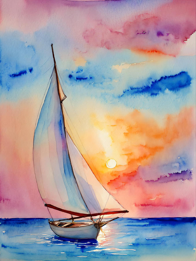 Calm Sea Digital Art - Sailing into Sunsets Embrace by Delemore