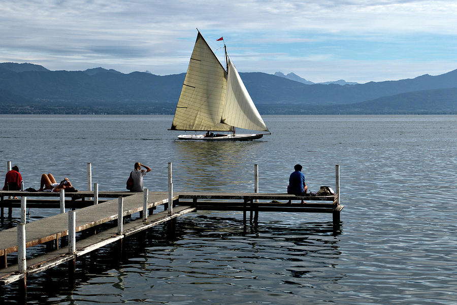 Sailing on Lake Geneva at Plage de Perroy Photograph by Jeremy Hayden