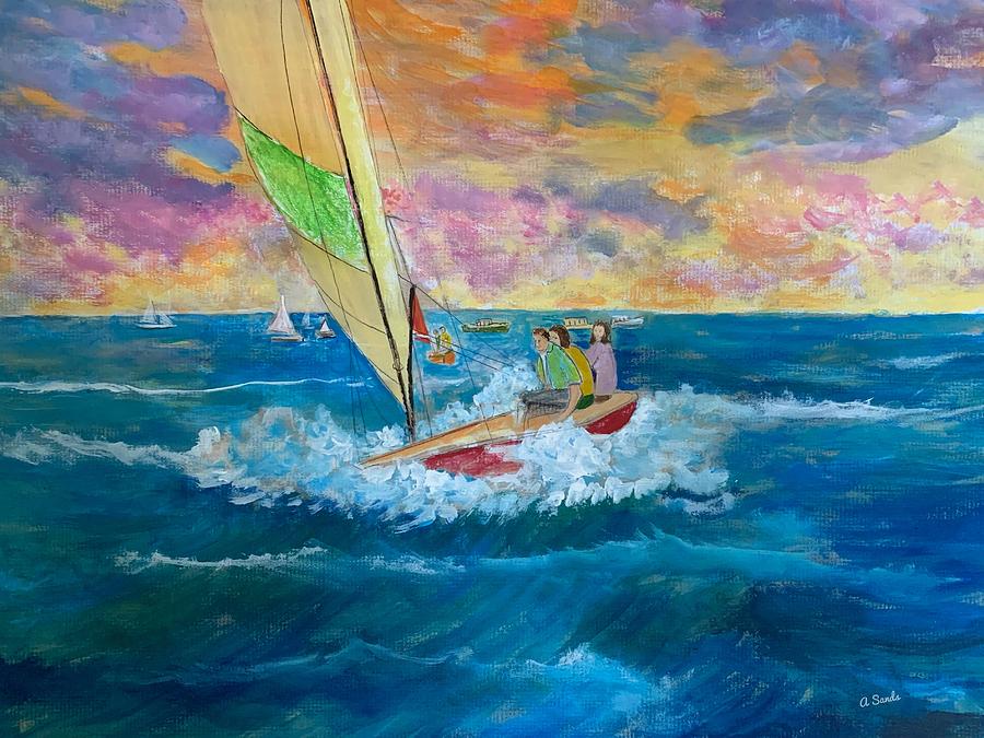 Sailing race at Hampton Beach Painting by Anne Sands