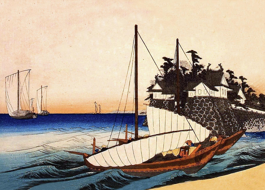 Hiroshige Digital Art - Sailing Ship Arriving the Coast by Long Shot