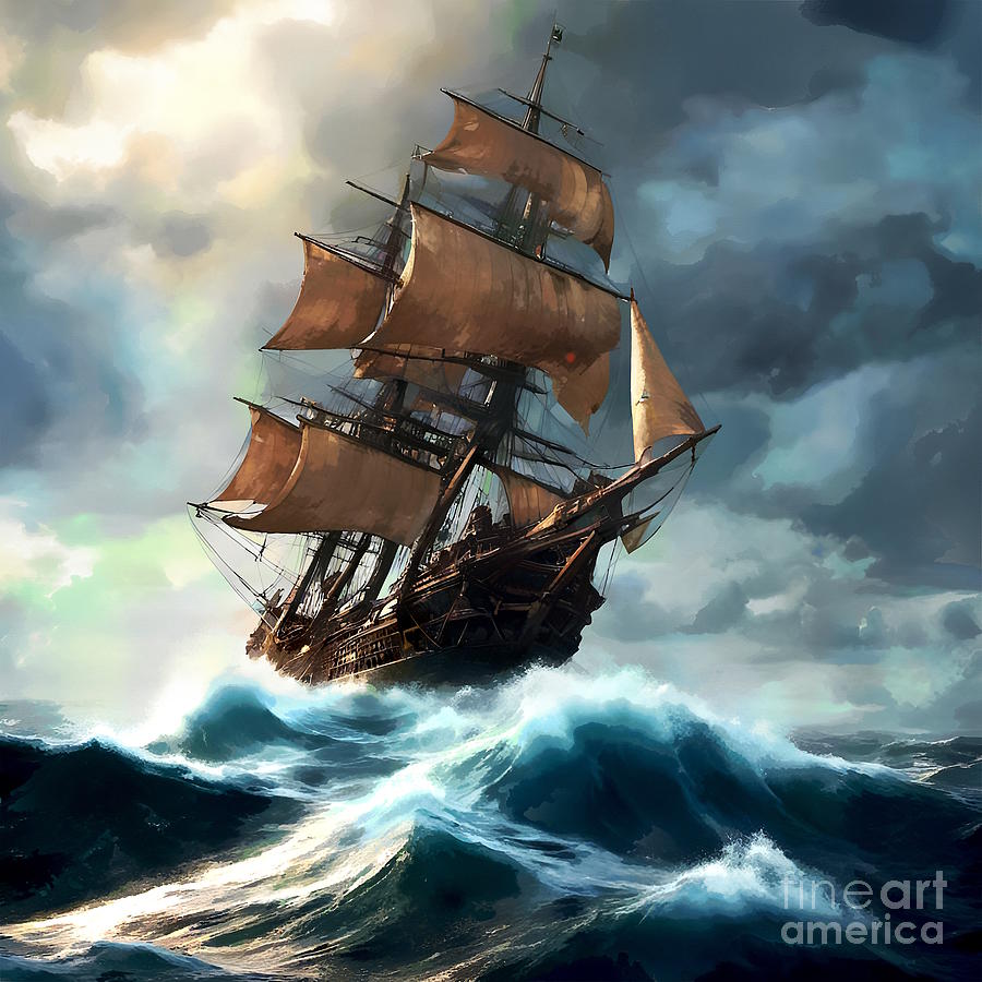 Sailing ship in stormy ocean Digital Art by Jerzy Czyz