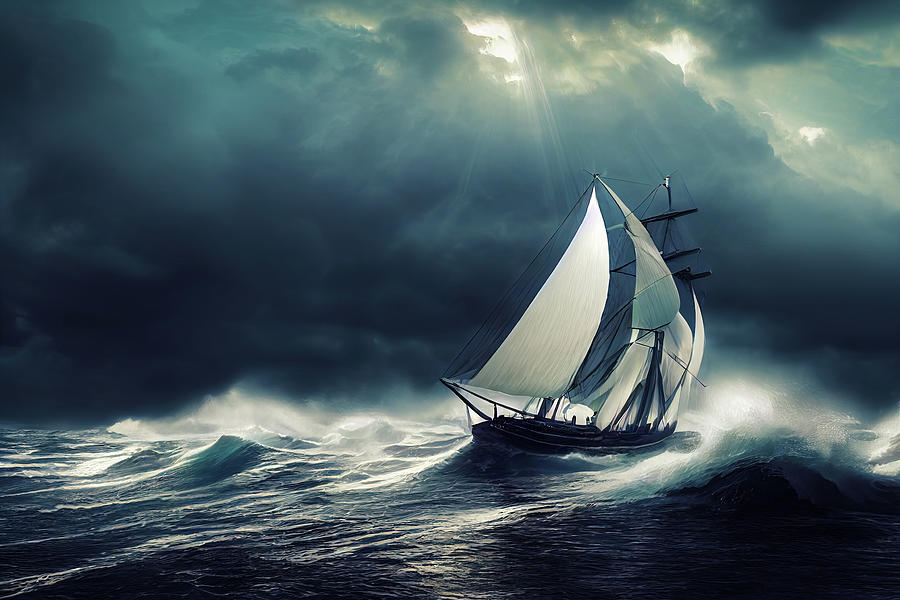 Sailing Ship on ocean in stormy weather 05 Digital Art by Matthias Hauser