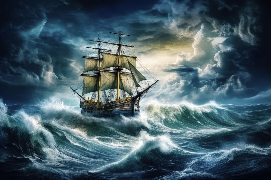 Sailing Ship on ocean in stormy weather 06 Digital Art by Matthias Hauser