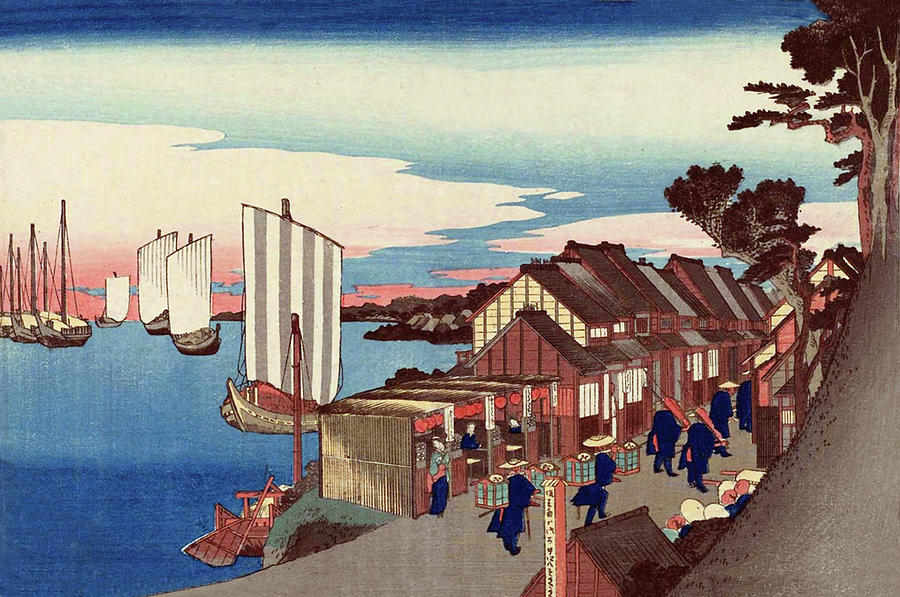 Hiroshige Digital Art - Sailing Ships near City Port by Long Shot