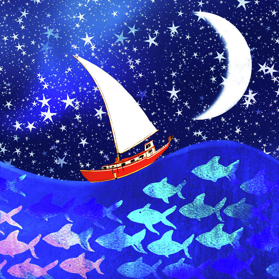 Sailing Under a Crescent Moon Digital Art by Peggy Collins
