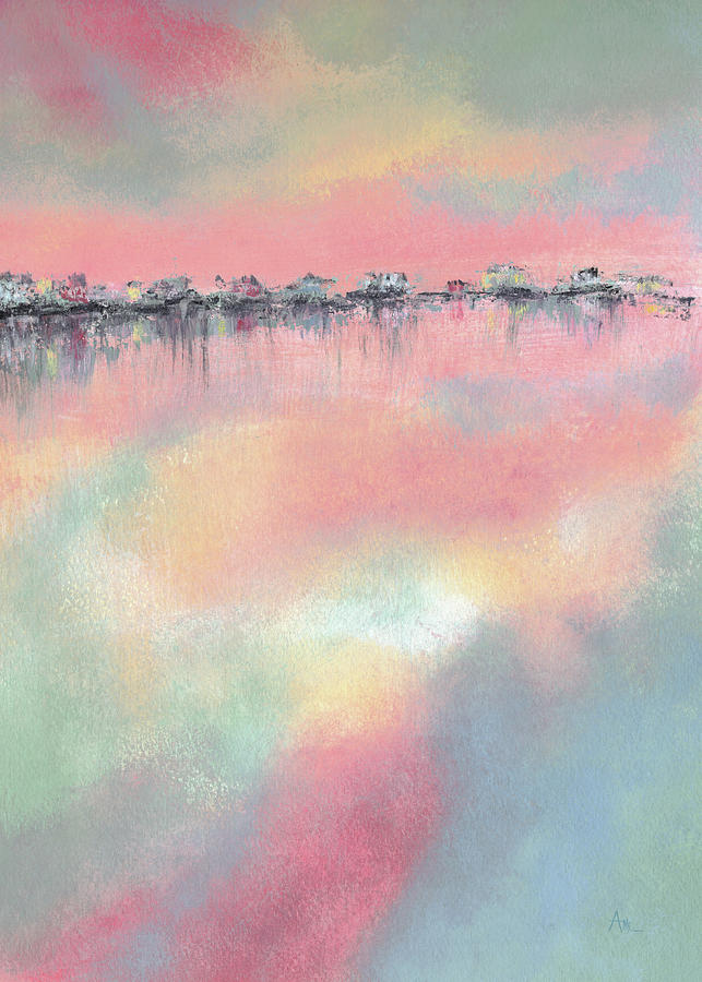 Abstract Beach Cottages Pink Blue Peach Seascape Acrylic Painting   Sailors Delight Acrylic Painting Ann Cloutier 