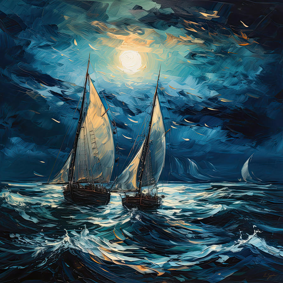 Turquoise Painting - Sailors Under the Moon - Sailors Art by Lourry Legarde