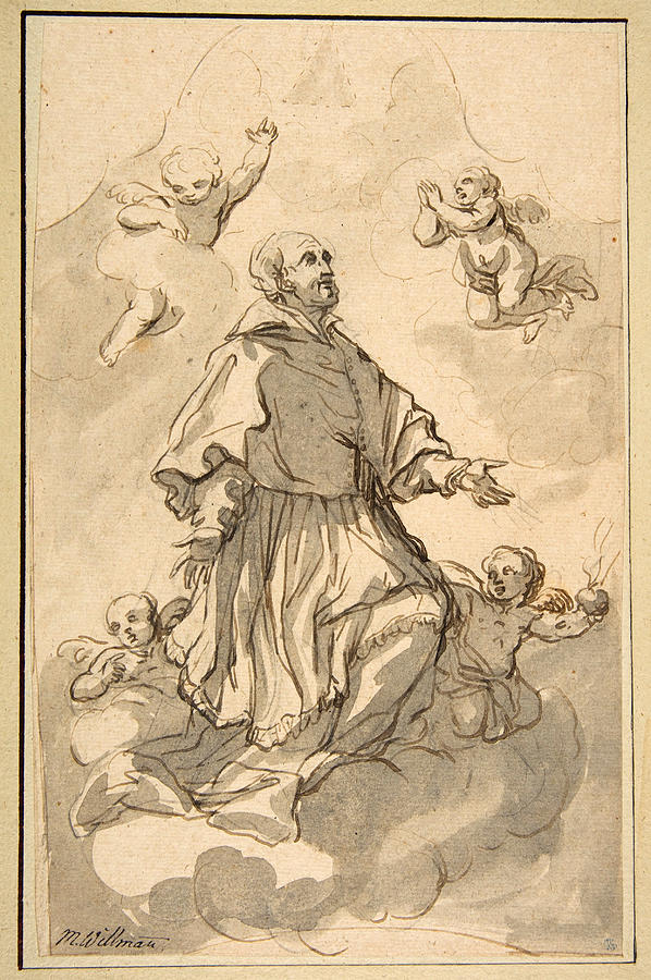 Saint Augustine on Clouds Surrounded by Angels Drawing by Johann Jacob Eybelwieser