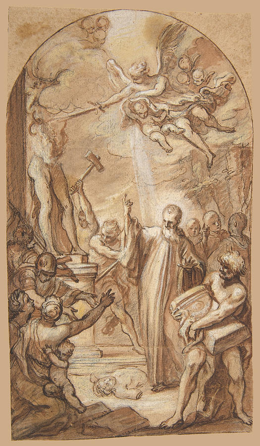 Saint Benedict Orders the Destruction of Idols at Montecassino Drawing by Gaspare Serenario