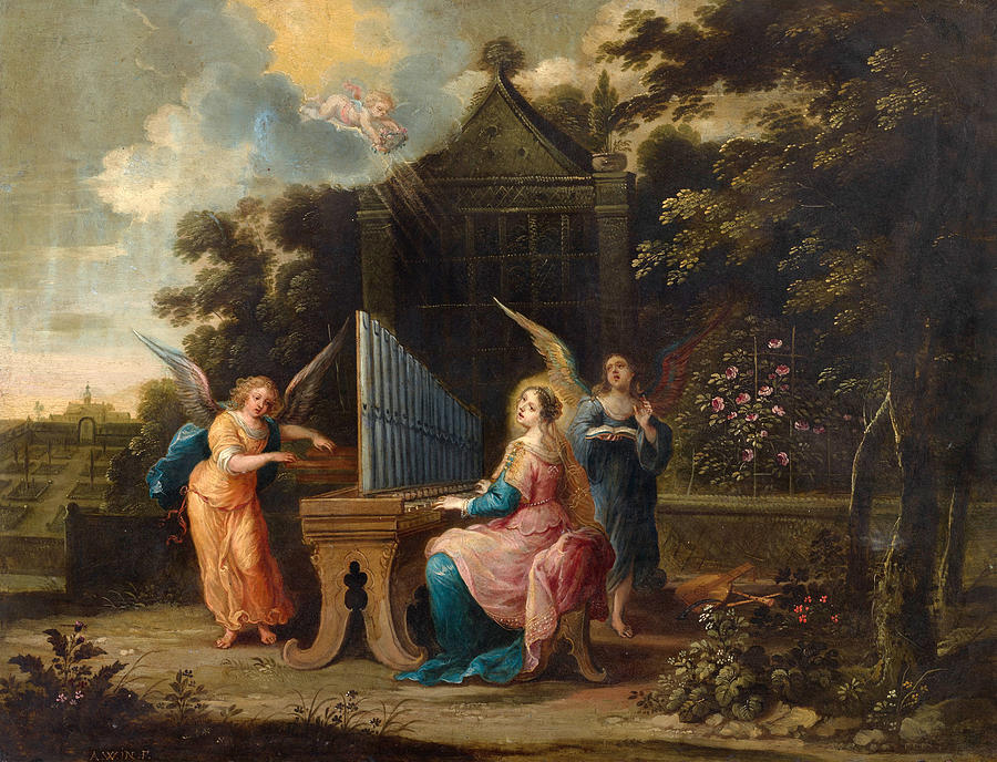 Saint Cecilia at the organetto in a garden  Painting by Abraham Willemsens