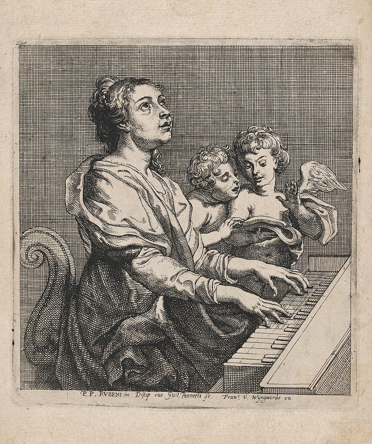 Saint Cecilia playing the virginals, accompanied by two singing angels ...