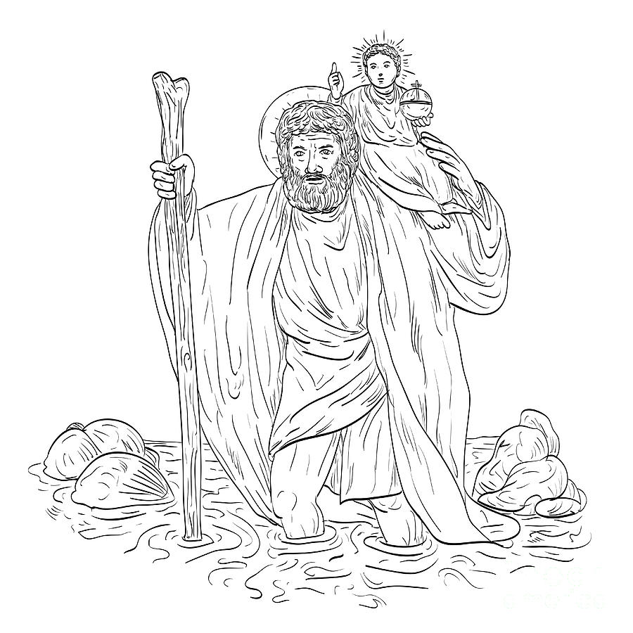 Saint Christopher Carrying Child Jesus Crossing River Medieval Style ...