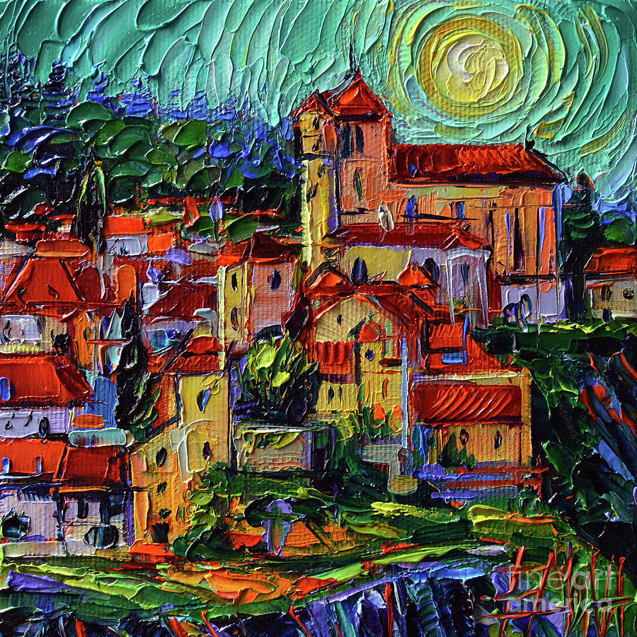 Sunset Painting - SAINT CIRQ LAPOPIE French village commissioned oil painting on 3D canvas  by Mona Edulesco