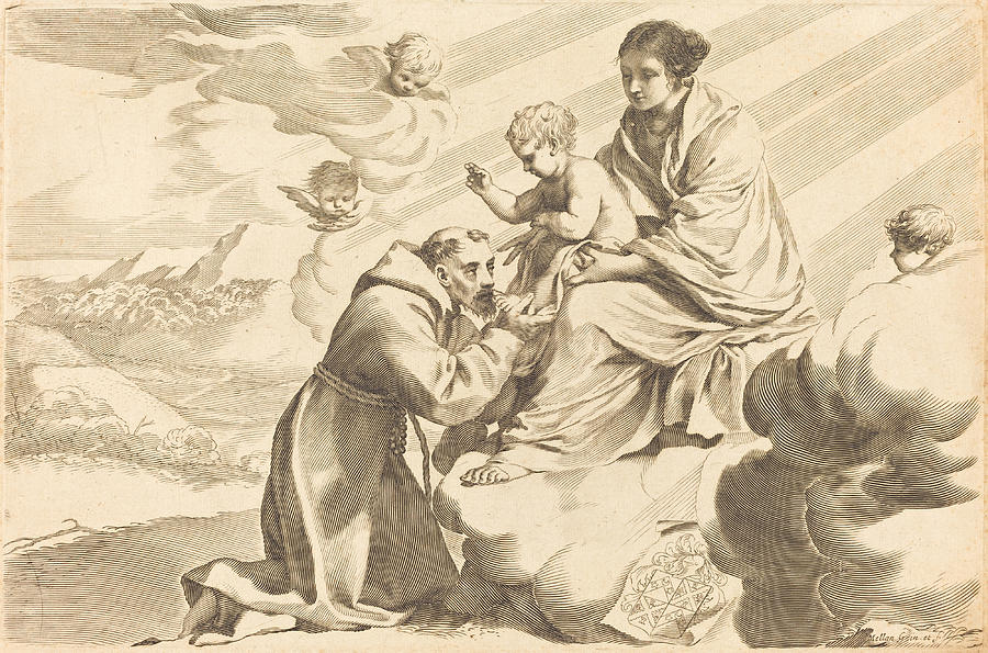 Saint Francis Adoring the Christ Child Drawing by Claude Mellan