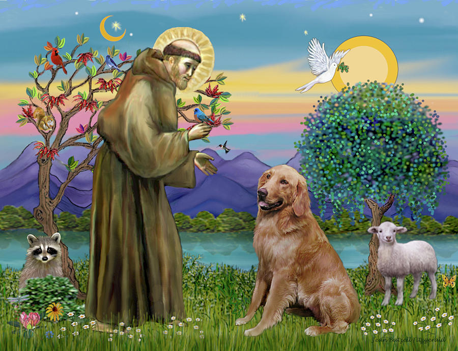 Saint Francis Blesses a Golden Retriever Digital Art by Jean Batzell Fitzgerald