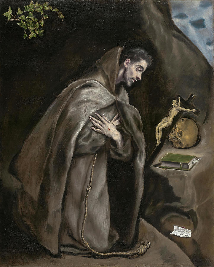Saint Francis Kneeling in Meditation. El Greco -Domenikos Theotokopoulos-, Greek, active in Spain... Painting by El Greco -1541-1614-