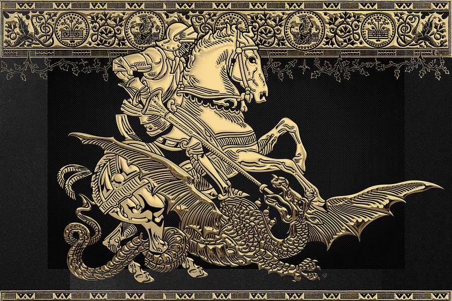 Saint George and the Dragon in Gold on Black Canvas Digital Art by Serge Averbukh