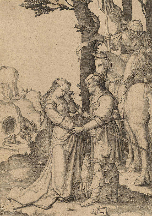 Saint George Liberating the Princess Drawing by Lucas van Leyden