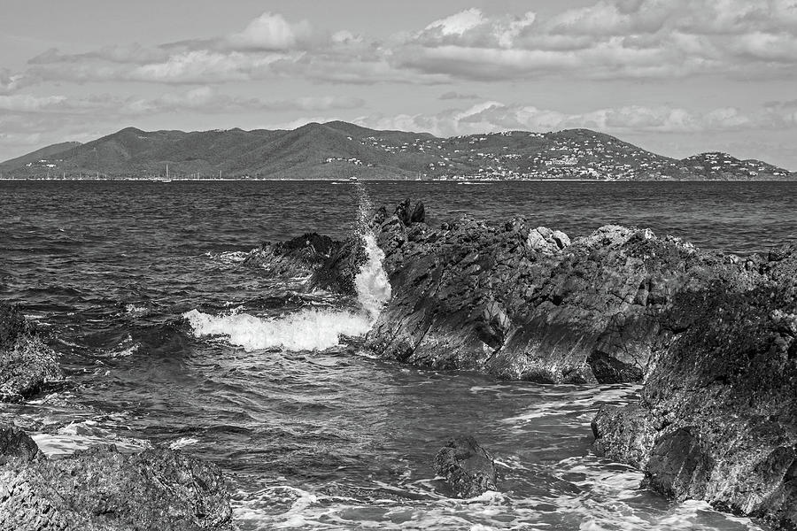 Saint John Blue Skies from Sapphire Beach in Saint Thomas Splash Black and White Photograph by Toby McGuire