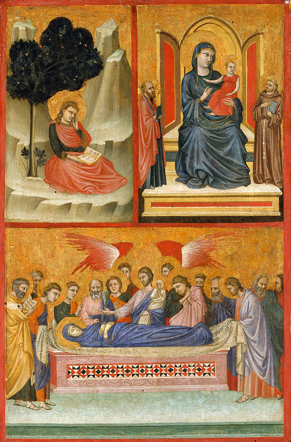 Saint John on Patmos, Madonna and Child Enthroned, and Death of the Virgin Painting by Pacino di Buonaguida