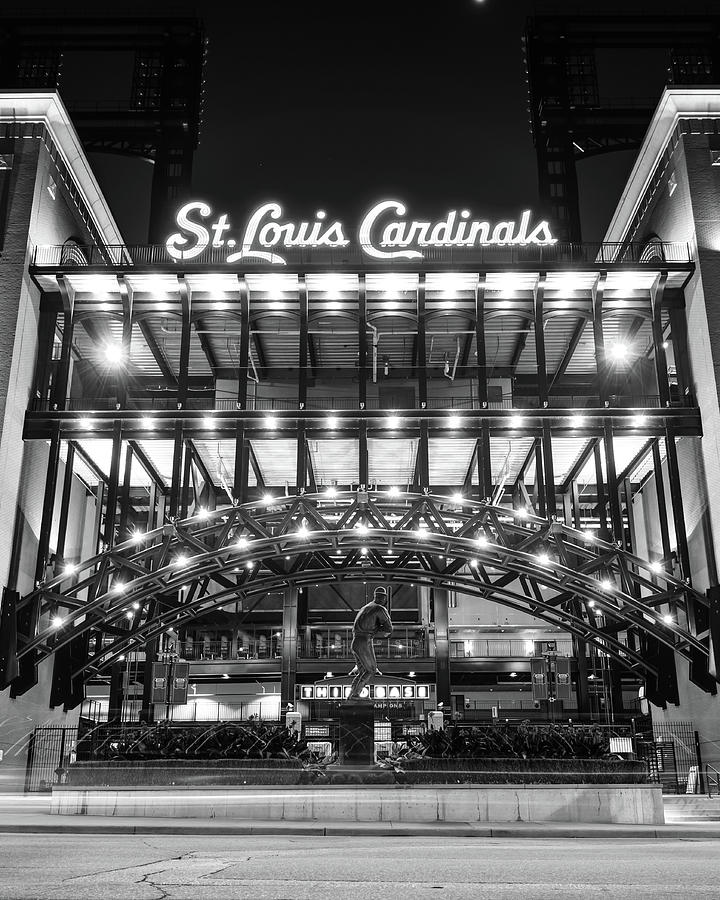 Saint Louis Busch Stadium and Stan Musial Statue - Black and White Photograph by Gregory Ballos