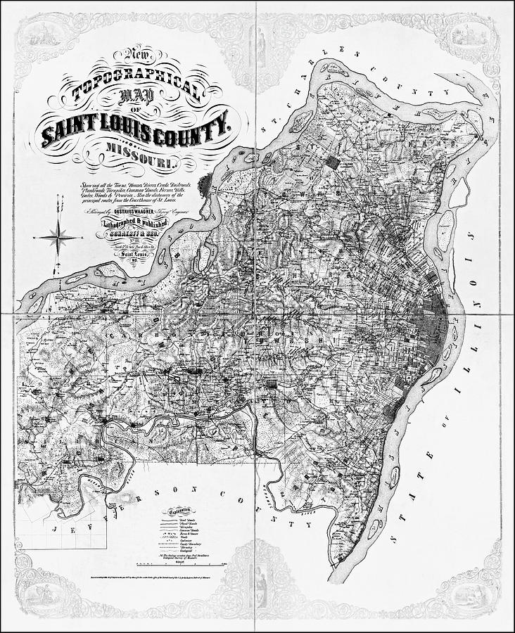 Vintage Photograph - Saint Louis County Missouri Vintage Topographical Map 1857 Black and White  by Carol Japp
