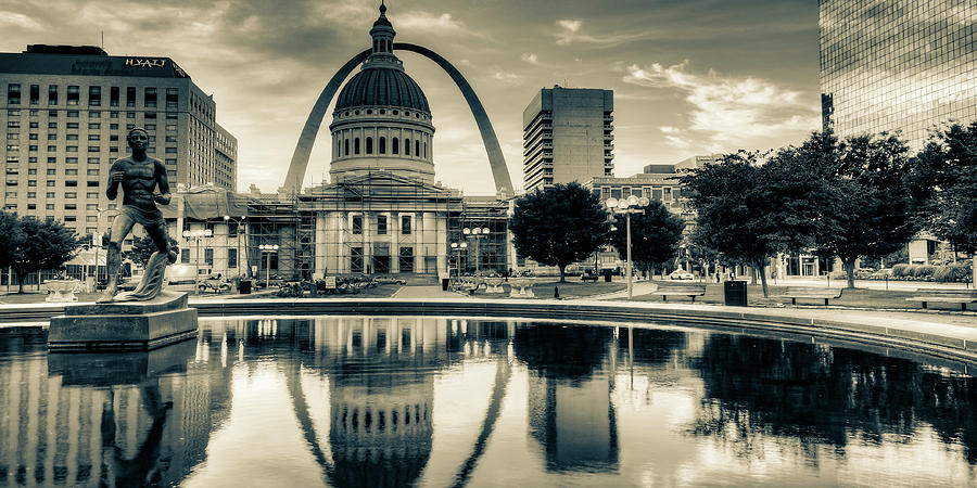Saint Louis Gateway Arch And Courthouse Sepia Panorama Photograph