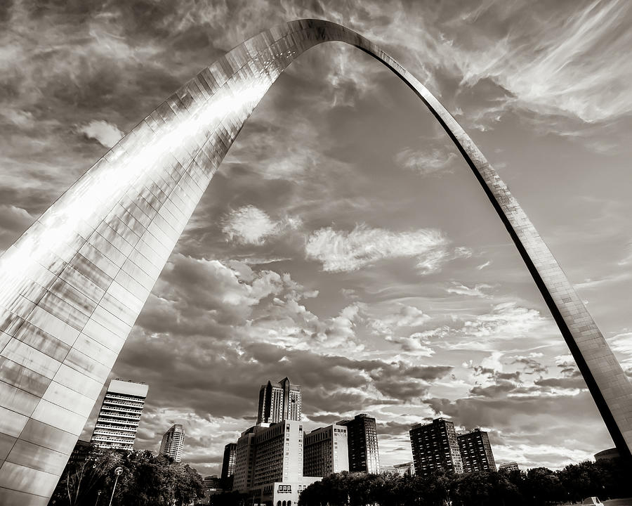 Saint Louis Gateway Arch And Skyline Under Wispy Morning Clouds - Classic Sepia Photograph by Gregory Ballos