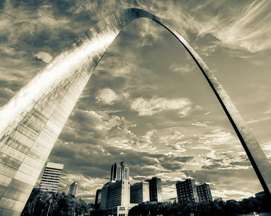 Saint Louis Gateway Arch And Skyline Under Wispy Morning Clouds - Sepia Edition Photograph by Gregory Ballos