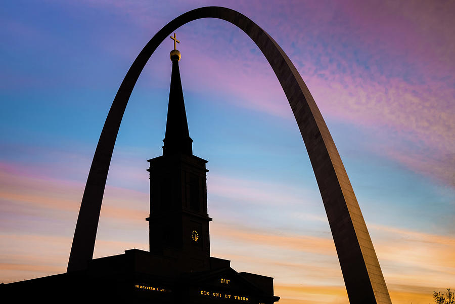 Saint Louis Landmark Silhouettes - Gateway Arch And Cathedral Sunrise Photograph