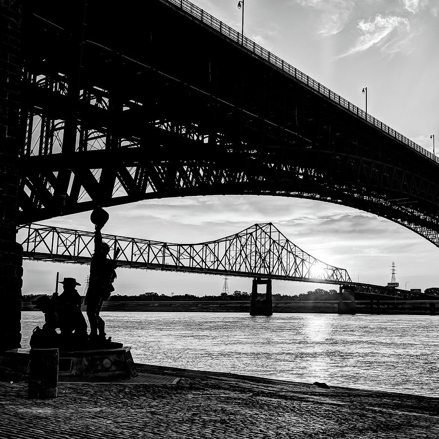 Saint Louis Shoreline Sunrise Along The Mississippi River - Black and White 1x1 Photograph by Gregory Ballos