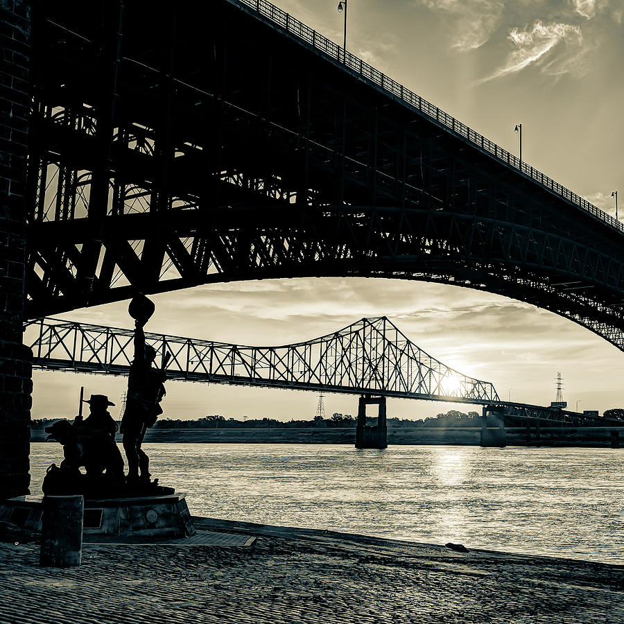 Saint Louis Shoreline Sunrise Along The Mississippi River - Sepia 1x1 Photograph by Gregory Ballos