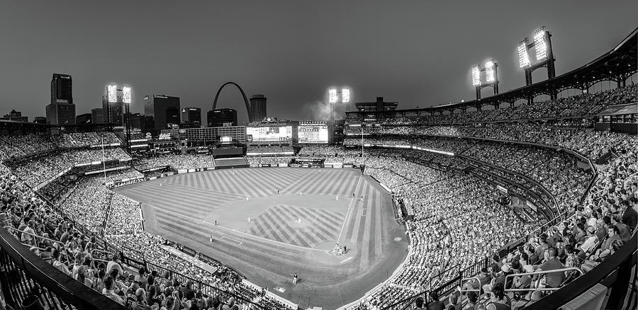 Black And White Photograph - Saint Louis Skyline and Cardinals Baseball Stadium Panorama - Black and White by Gregory Ballos