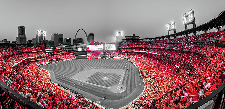 Black And White Photograph - Saint Louis Skyline and Cardinals Red Baseball Stadium Panorama - Selective Color by Gregory Ballos
