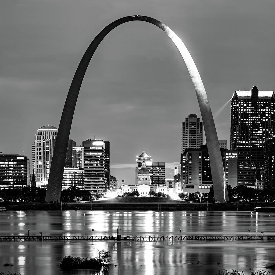 Saint Louis Skyline and The Iconic Gateway Arch - Black and White Photograph by Gregory Ballos