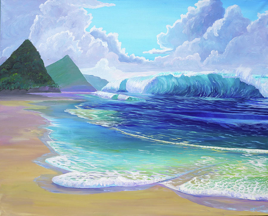 Beach Painting - Saint Lucia Tropical Beach Scene Giant Wave and Pitons Mountains by M Bleichner
