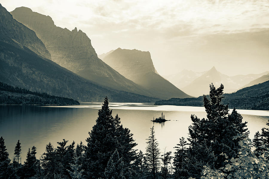 Saint Mary Lake And Wild Goose Island In Sepia - Glacier NP Photograph by Gregory Ballos