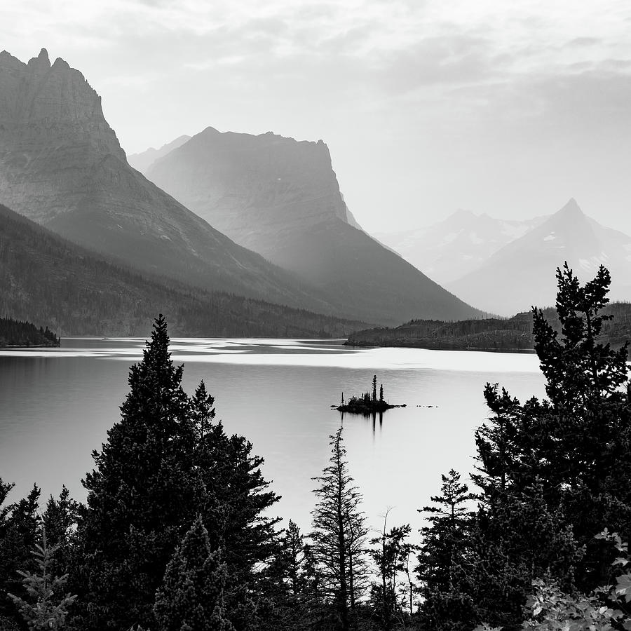 Saint Mary Lake And Wild Goose Island Sunrise - Black And White 1x1 Photograph by Gregory Ballos