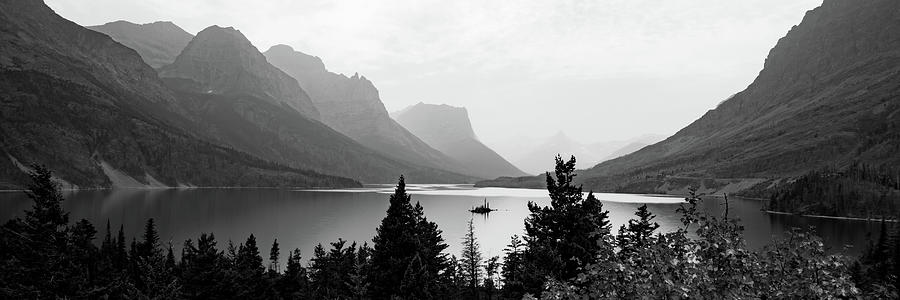 Saint Mary Lake And Wild Goose Island Sunrise Panorama - Black and White Photograph by Gregory Ballos